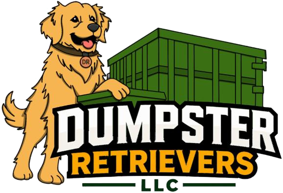 Dumpster Retrievers LLC. A golden retriever standing beside a green roll-off dumpster.