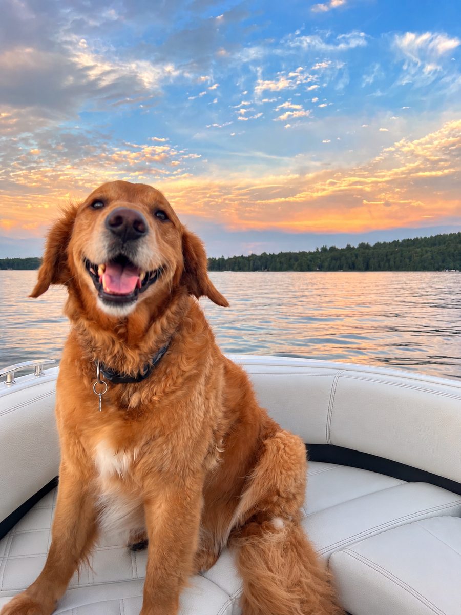 Remy, a golden retriever, smiling on a boat at sunset on a New Hampshire lake