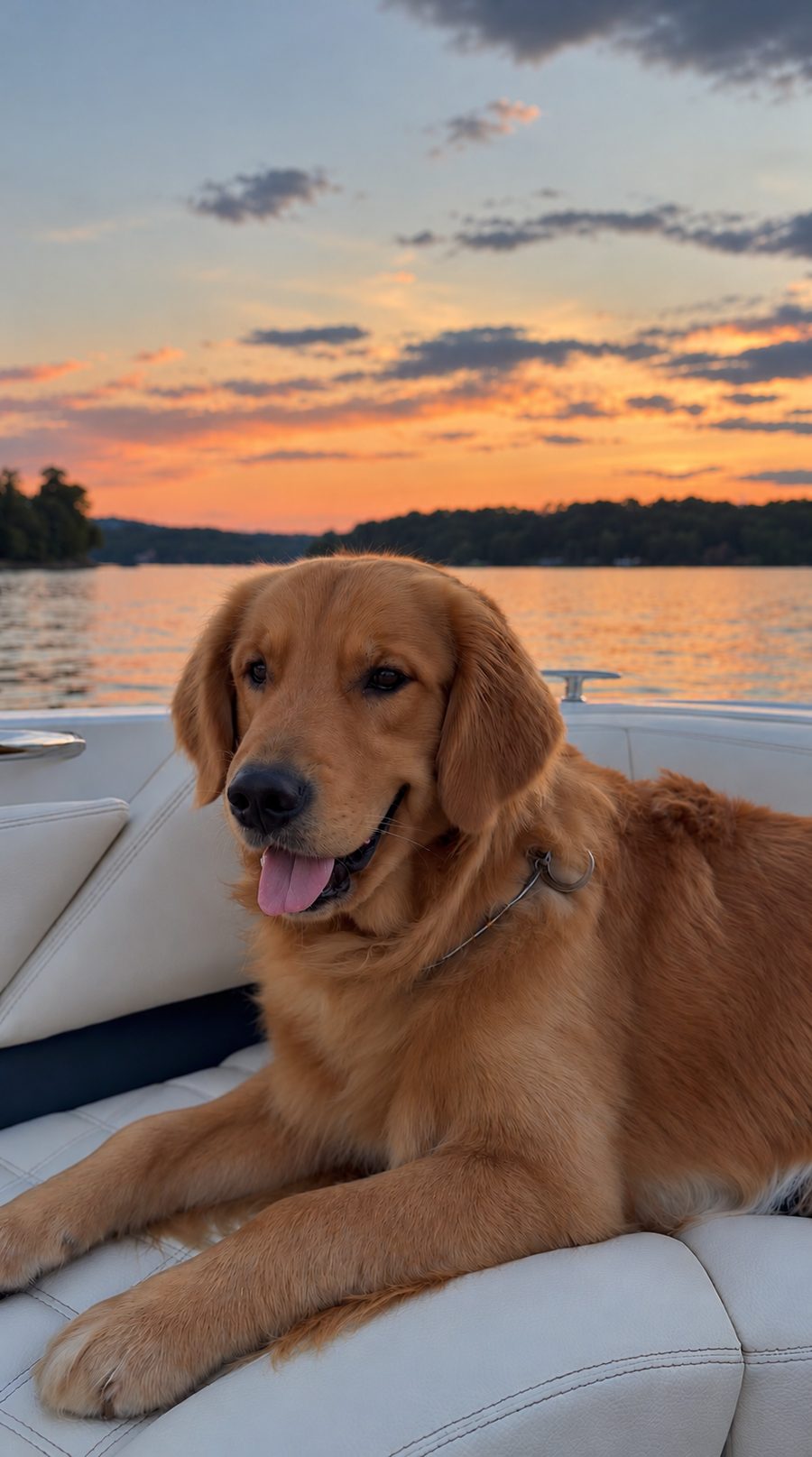 Walter, a golden retriever, relaxing on a boat at sunset on a New Hampshire lake
